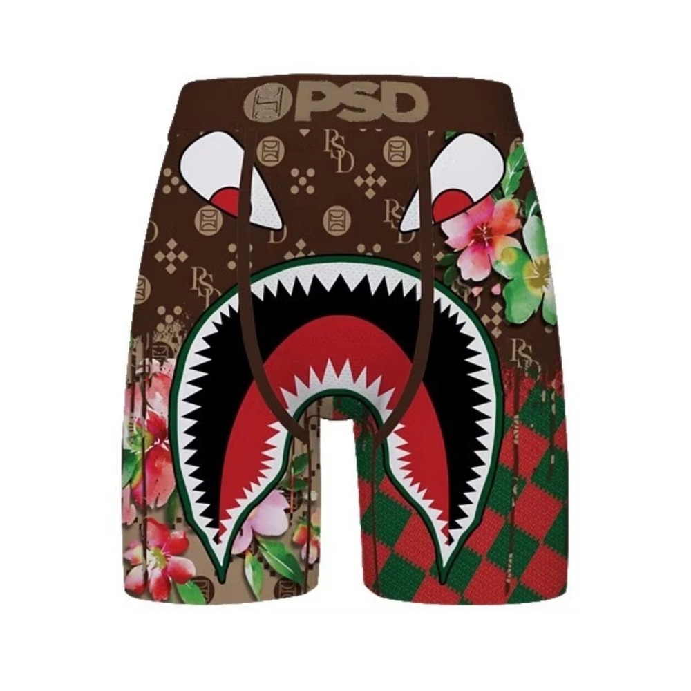 PSD Underwear Mens WF Rich Boxer Briefs Shark Floral Monogram Brown Size Med
